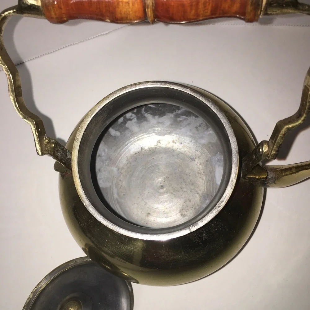Vintage Decorative Use Only Collectible Brass Finish Tea Kettle With Wood Handle